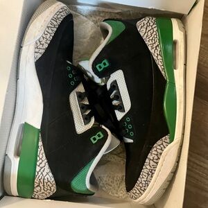 Jordan 3 -Black and Pine Green Sneakers with Silver Accents